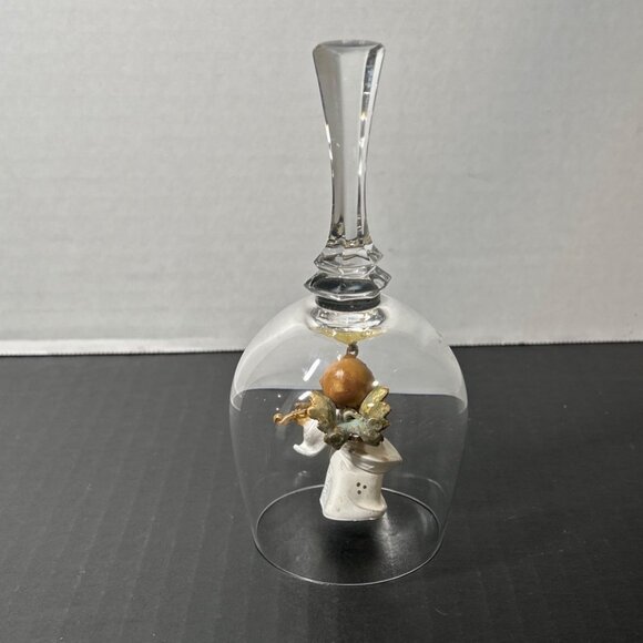 Vintage Crystal Glass Bell with Cherub Angel Playing Violin Home Decor 6'' Tall - Picture 2 of 6